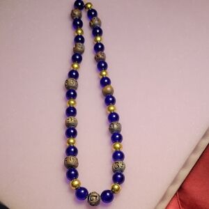 Bright Cobalt Blue Glass, Coppery Clay, & Golden Meditation Beads (Stretch Cord)